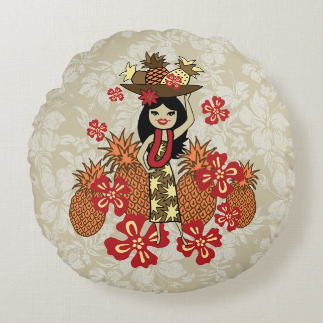 Pineapple Luau Hawaiian Hula Girl Reversible Round Cushion (Front)