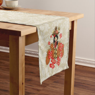 Pineapple Luau Hawaiian Hula Girl Short Table Runner