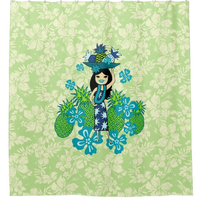 Pineapple Luau Hawaiian Hula Girl Shower Curtain (Front)