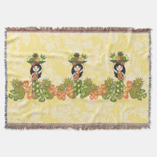 Pineapple Luau Hawaiian Hula Girl Throw Blankets