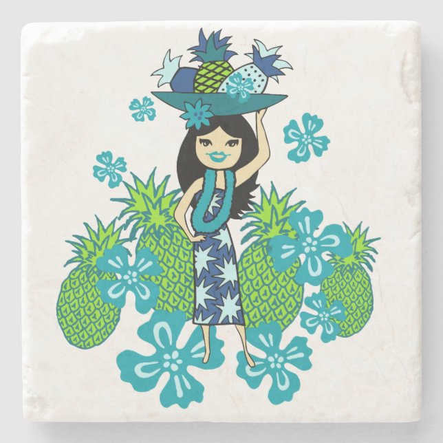 Pineapple Luau Hawaiian Hula Girl Tiki Bar Coaster (Front)