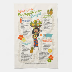 Pineapple Luau Hawaiian Hula Girl Vintage Recipe Tea Towel