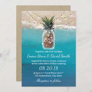 Pineapple Mason Jar String Lights Beach Wedding Invitation