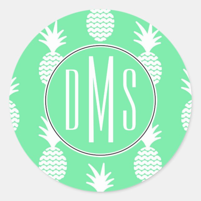 Pineapple Mint Pattern | Monogram Classic Round Sticker (Front)