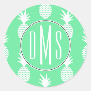 Pineapple Mint Pattern Monogram Classic Round Sticker