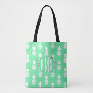 Pineapple Mint Pattern Monogram Tote Bag