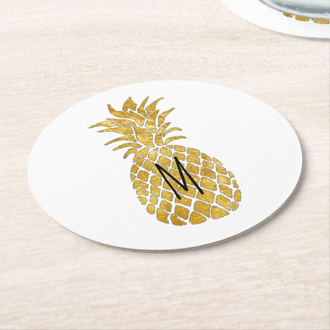 pineapple monogram round paper coaster (Angled)