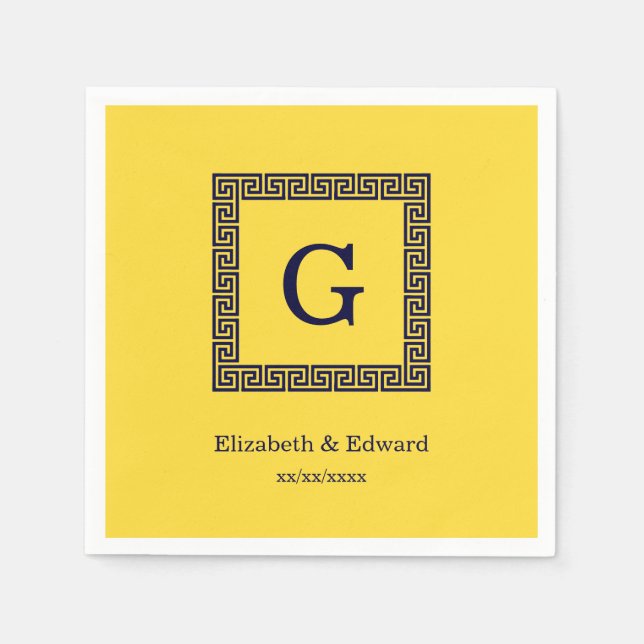 Pineapple, Navy Blue Greek Key #1 Framed Monogram Napkin (Front)