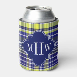 Pineapple Navy Blue White Preppy Madras Monogram Can Cooler