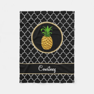 Pineapple on Black White Quatrefoil with Name Fleece Blanket