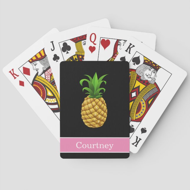 Pineapple on Black with Pink Name Playing Cards (Back)