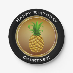 Pineapple on Faux Gold Happy Birthday with Name Paper Plate