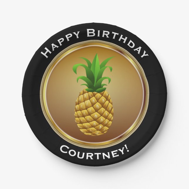 Pineapple on Faux Gold Happy Birthday with Name Paper Plate (Front)