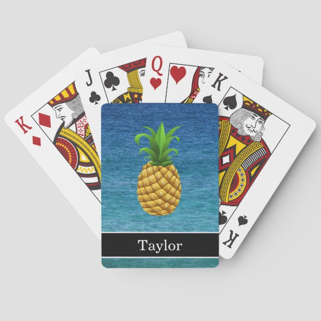 Pineapple on Ocean Background with Name Playing Cards (Back)