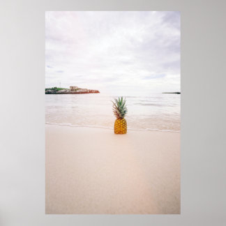 Pineapple on sand near beach poster