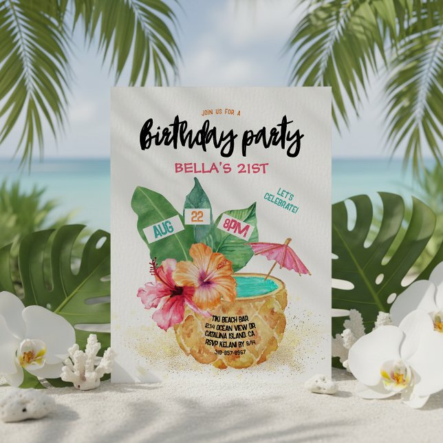Pineapple Palm Hibiscus Tropical Birthday Party Invitation (Creator Uploaded)