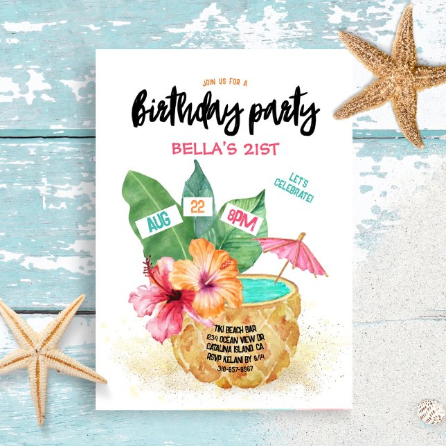Pineapple Palm Hibiscus Tropical Birthday Party Invitation (Creator Uploaded)