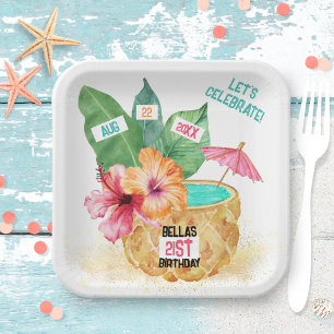 Pineapple Palm Hibiscus Tropical Cocktail Birthday Paper Plate