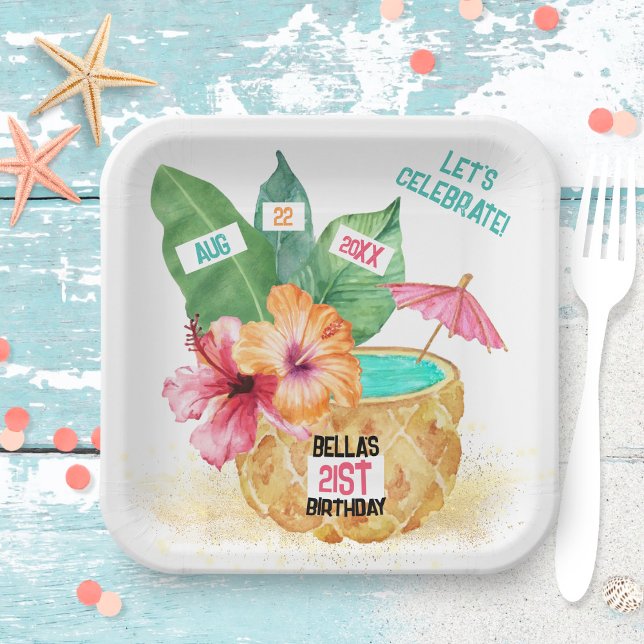 Pineapple Palm Hibiscus Tropical Cocktail Birthday Paper Plate (Creator Uploaded)
