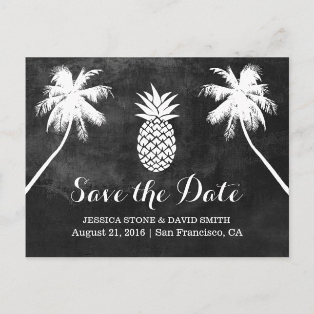 Pineapple Palm Tree Tropical Chalk Save the Date Announcement Postcard (Front)