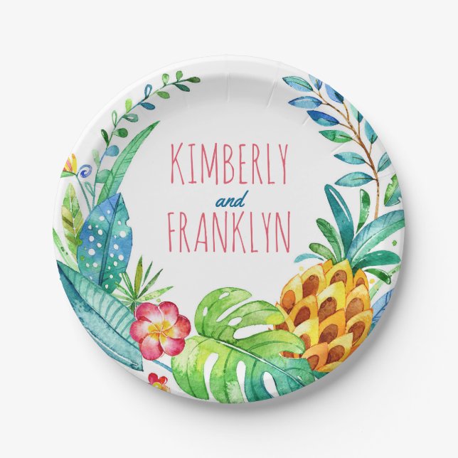 pineapple palms tropical beach party paper plate (Front)