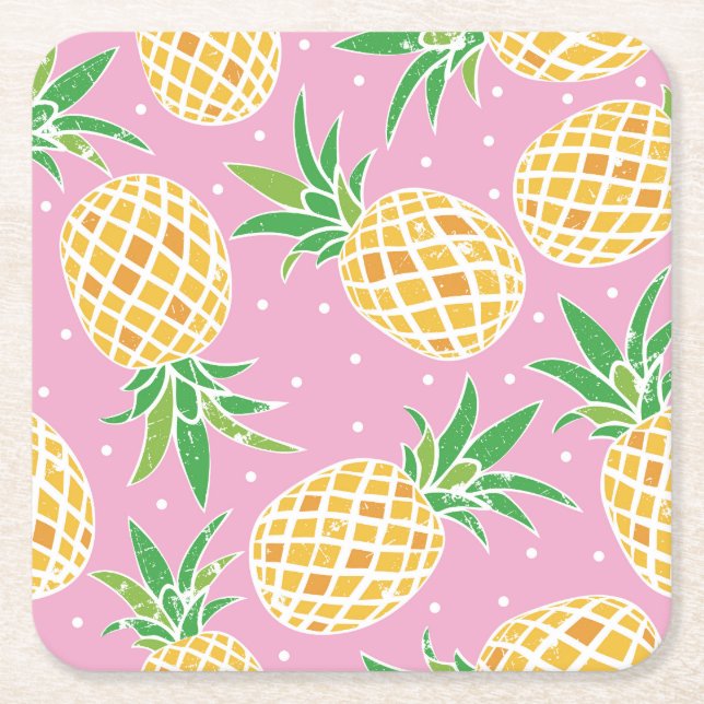 Pineapple Paradise: Tropical Pattern Square Paper Coaster (Front)