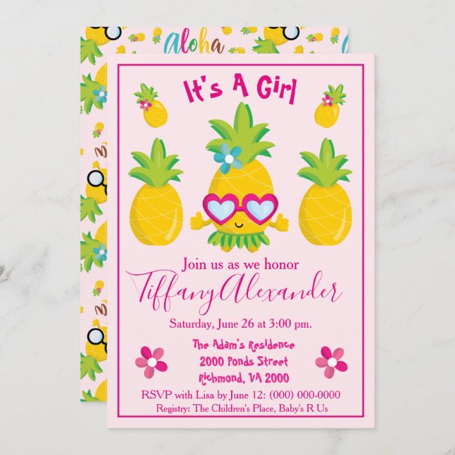 Pineapple Party It's a Girl Baby Shower Fun Invitation (Front/Back)