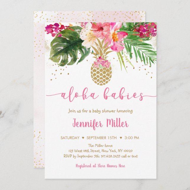 Pineapple Pink Floral Aloha Twin Baby Shower Invitation (Front/Back)