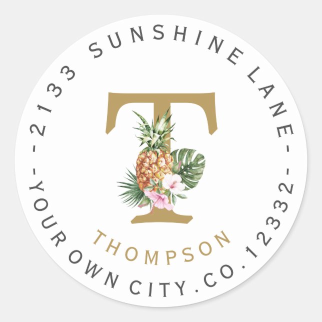 Pineapple Pink Flowers Monogram Circular Address Classic Round Sticker (Front)