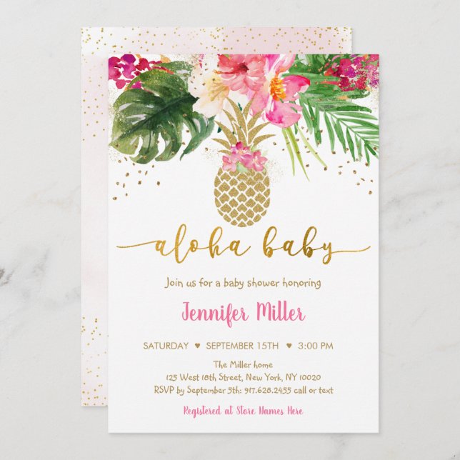Pineapple Pink Gold Floral Aloha Baby Shower Invitation (Front/Back)