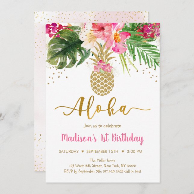 Pineapple Pink Gold Floral Aloha Birthday Invitation (Front/Back)