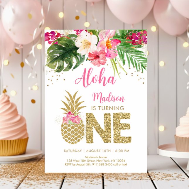 Pineapple Pink Gold Floral First Birthday Invitation (Creator Uploaded)