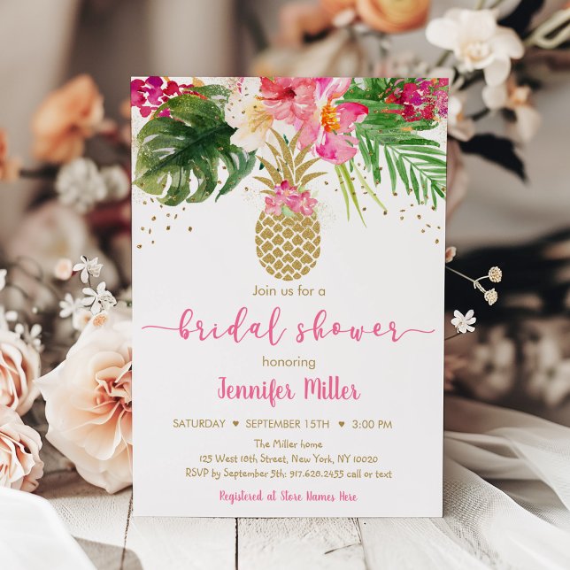 Pineapple Pink Gold Floral Tropical Bridal Shower Invitation (Creator Uploaded)