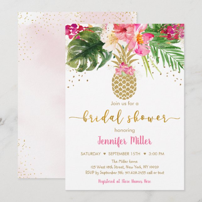 Pineapple Pink Gold Floral Tropical Bridal Shower Invitation (Front/Back)