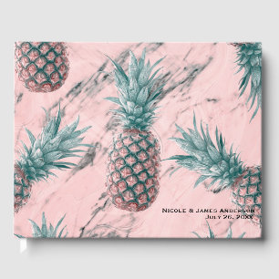 Pineapple & Pink Marble Swirl Modern Chic Wedding Guest Book