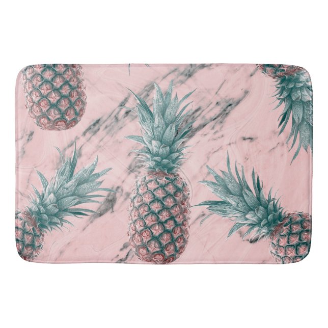 Pineapple & Pink Marble Swirl Modern Tropical Chic Bath Mat (Front)