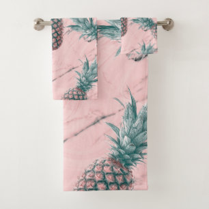 Pineapple & Pink Marble Swirl Modern Tropical Chic Bath Towel Set
