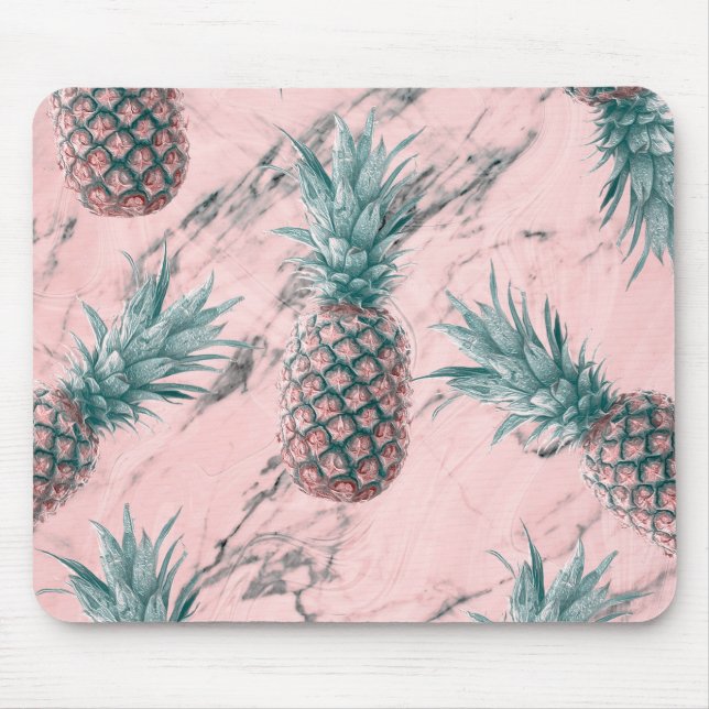 Pineapple & Pink Marble Swirl Modern Tropical Chic Mouse Pad (Front)