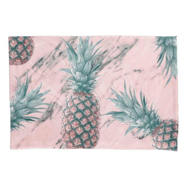 Pineapple & Pink Marble Swirl Modern Tropical Chic Pillowcase (Front)
