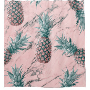 Pineapple & Pink Marble Swirl Modern Tropical Chic Shower Curtain