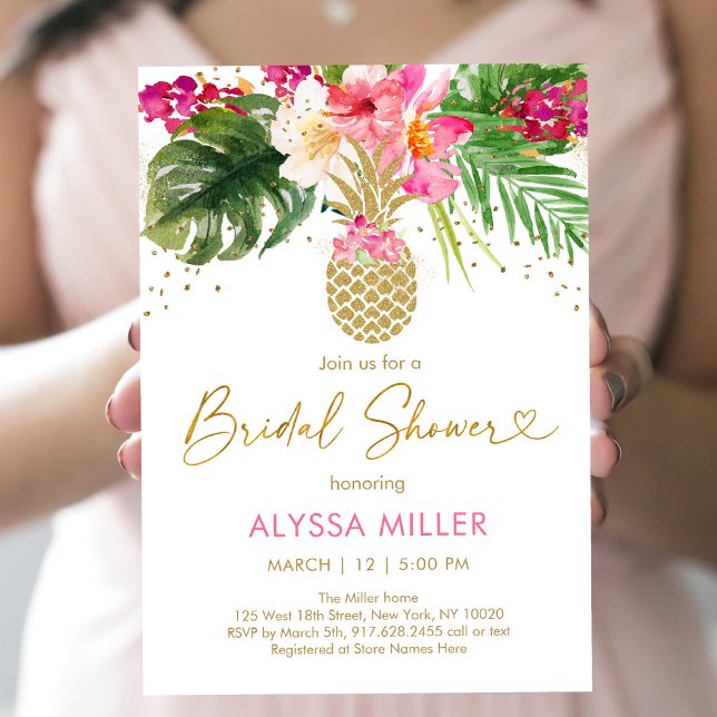 Pineapple Pink Tropical Floral Bridal Shower Invitation (Creator Uploaded)