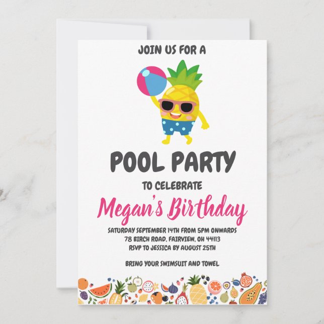 pineapple pool party invitations (Front)