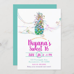 Pineapple Rainbow Colour Splash Sweet 16 Party Invitation