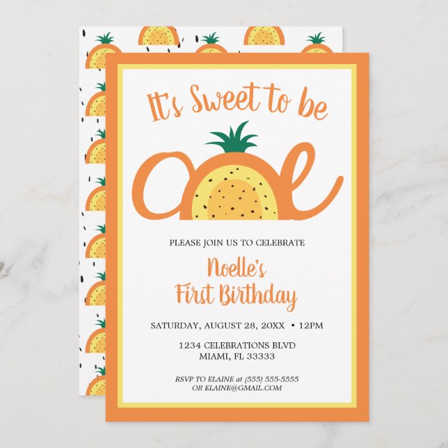 Pineapple Rainbow, Sweet to be One, 1st Birthday Invitation (Front/Back)