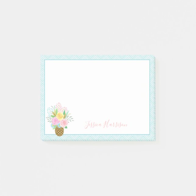 Pineapple Roses Bouquet Pink Yellow 3x4 Post-it Notes (Front)