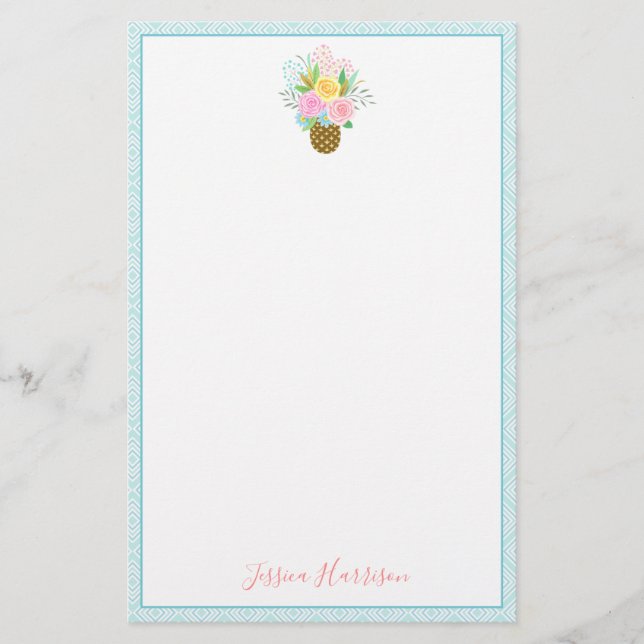 Pineapple Roses Bouquet Pink Yellow Blue Stationery (Front)