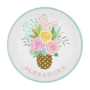 Pineapple Roses Bouquet Pink Yellow Cutting Board