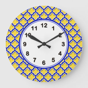Pineapple Royal Blue Wht Moroccan Quatrefoil #5DS Large Clock