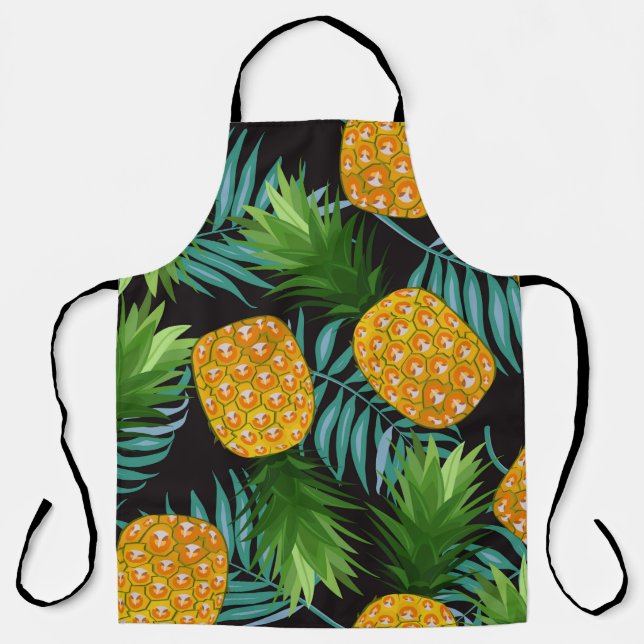 Pineapple seamless pattern with palm leaves on bla apron (Front)
