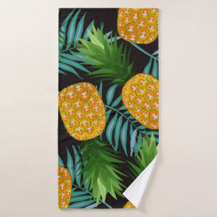 Pineapple seamless pattern with palm leaves on bla bath towel